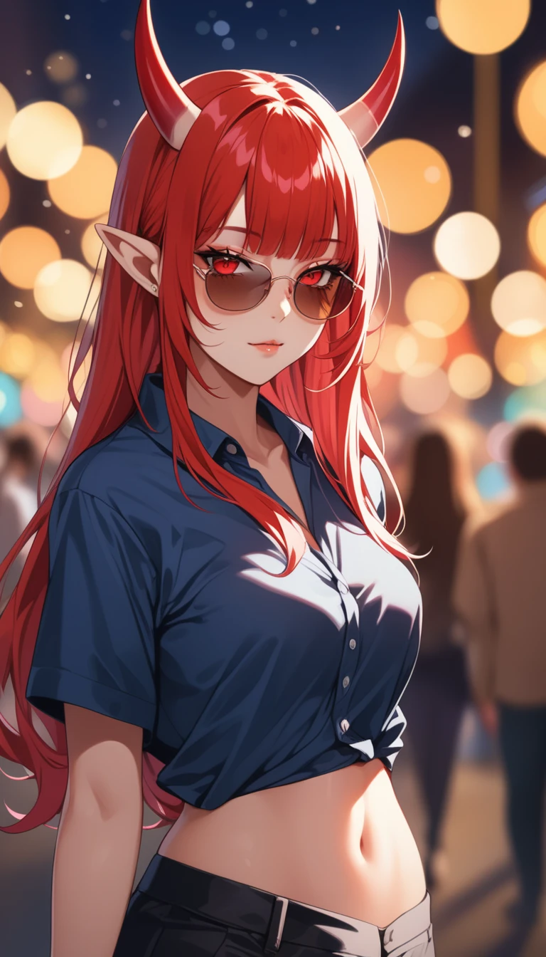 8K, RAW, best quality, masterpiece, ultra high res, colorful, full body portrait, (medium wide shot), (dynamic perspective), sharp focus , (depth of field, bokeh:1.3), extremely detailed eyes and face, beautiful detailed eyes, 
(masterpiece, best quality), 1girls, beautiful face, beautiful body,  incrsdealwithit, sunglasses,   meruccubus, red oni, colored skin, red skin, pointy ears, long hair, mole, oni, blunt bangs