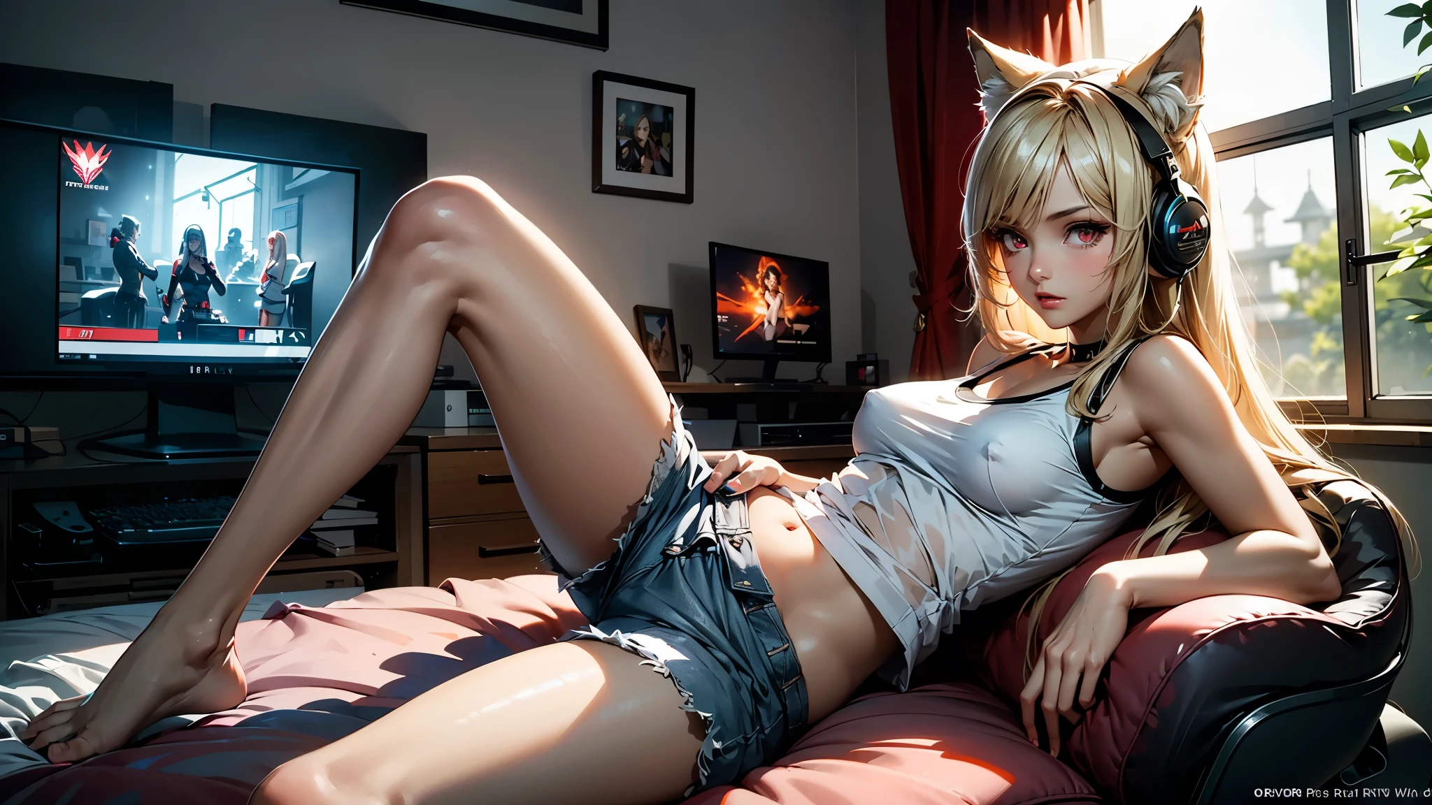 Create a high-quality image of a stunning 18-year-old wolf girl with tan skin. She has long blonde hair and captivating red eyes, wearing a see-through blue tank top that shows her midriff barely covers her nipples and tight sleep shorts. She is sitting on the edge of her bed in a dimly lit, gaming bedroom with the window open, letting in a gentle night breeze. Her posture is alluring, with one leg bent up and the other stretched out, facing the camera seductively. The room is decorated with modern nerdy items, showcasing her love for video games and anime, including a high-end gaming PC, sleek gaming desk, ergonomic gaming chair, and the latest gaming console, as well as stylish anime posters and figurines. The overall ambiance is cozy and intimate, with intricate details enhancing the high-quality visual artistry.