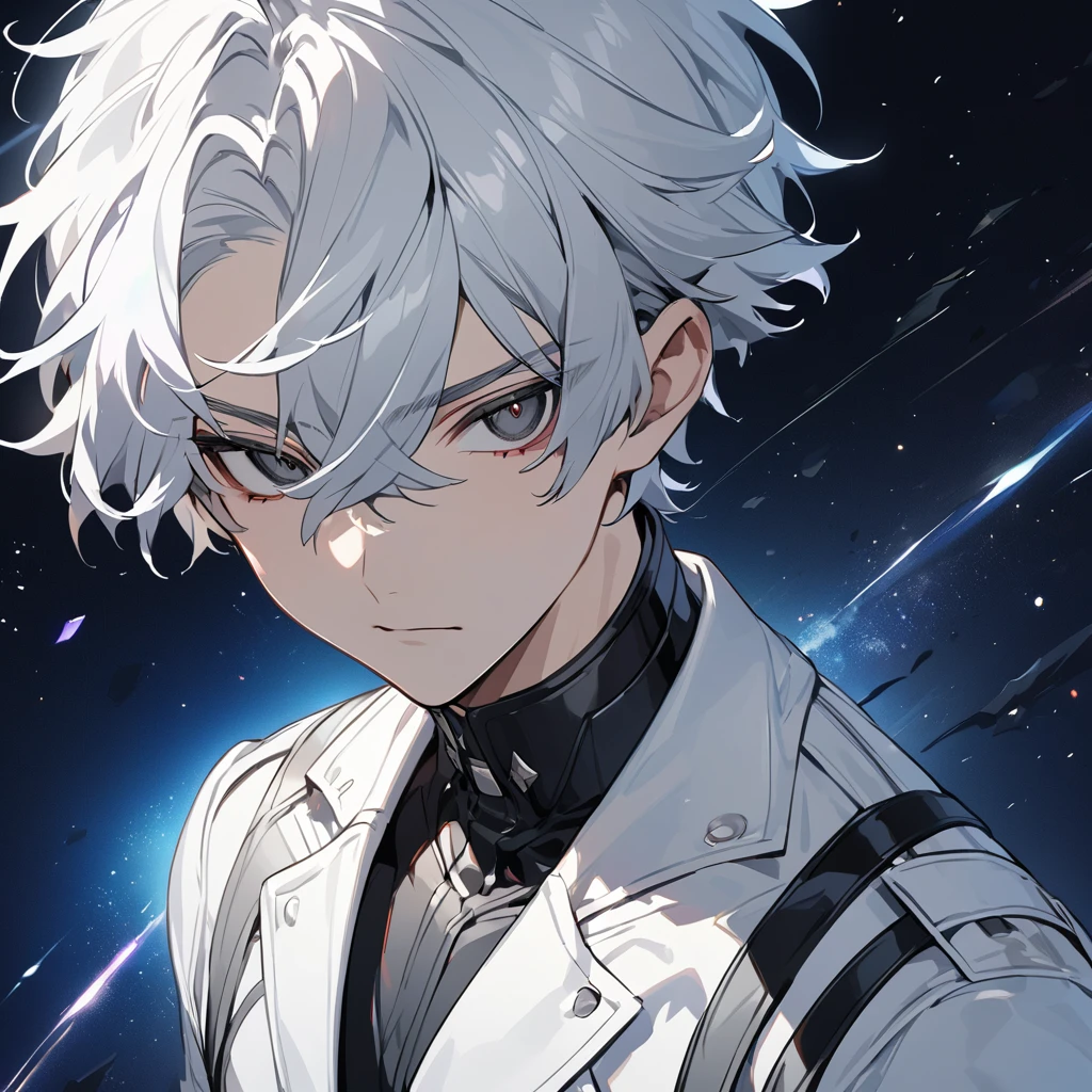 High quality, HD, 4k, no shadows, handsome male, 1male, ************, teenager, short white hair, sharp eyes, black colored eyes, deep black eyes, black eyes, devil may cry, close up, calm expression, stoic expression, black leather clothes, white leather clothing, lean body, well trained body, upper body, looking at viewer, cowboy shot, white solar, space background