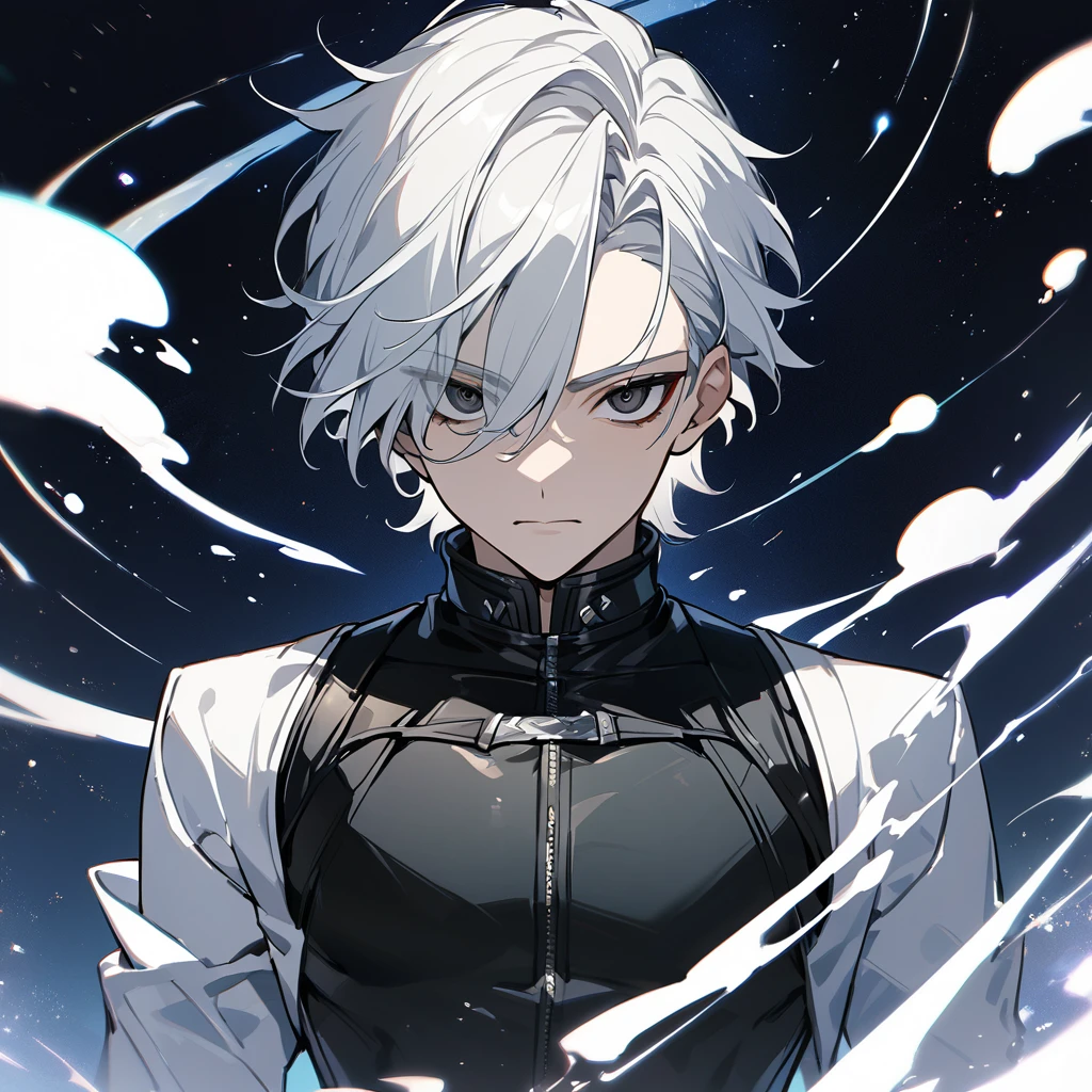 High quality, HD, 4k, no shadows, handsome male, 1male, 17 years old, teenager, short white hair, sharp eyes, black colored eyes, deep black eyes, black eyes, devil may cry, close up, calm expression, stoic expression, black leather clothes, white leather clothing, lean body, well trained body, upper body, looking at viewer, cowboy shot, white solar, space background
