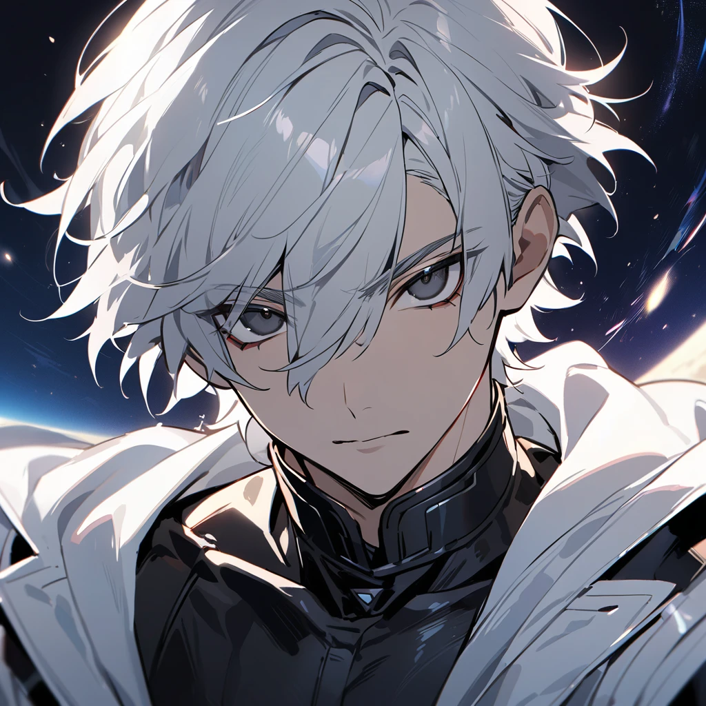 High quality, HD, 4k, no shadows, handsome male, 1male, , teenager, shwhite hair, sharp eyes, black colored eyes, deep black eyes, black eyes, devil may cry, close up, calm expression, stoic expression, black leather clothes, white leather clothing, lean body, well trained body, upper body, looking at viewer, cowboy shot, white solar, space background