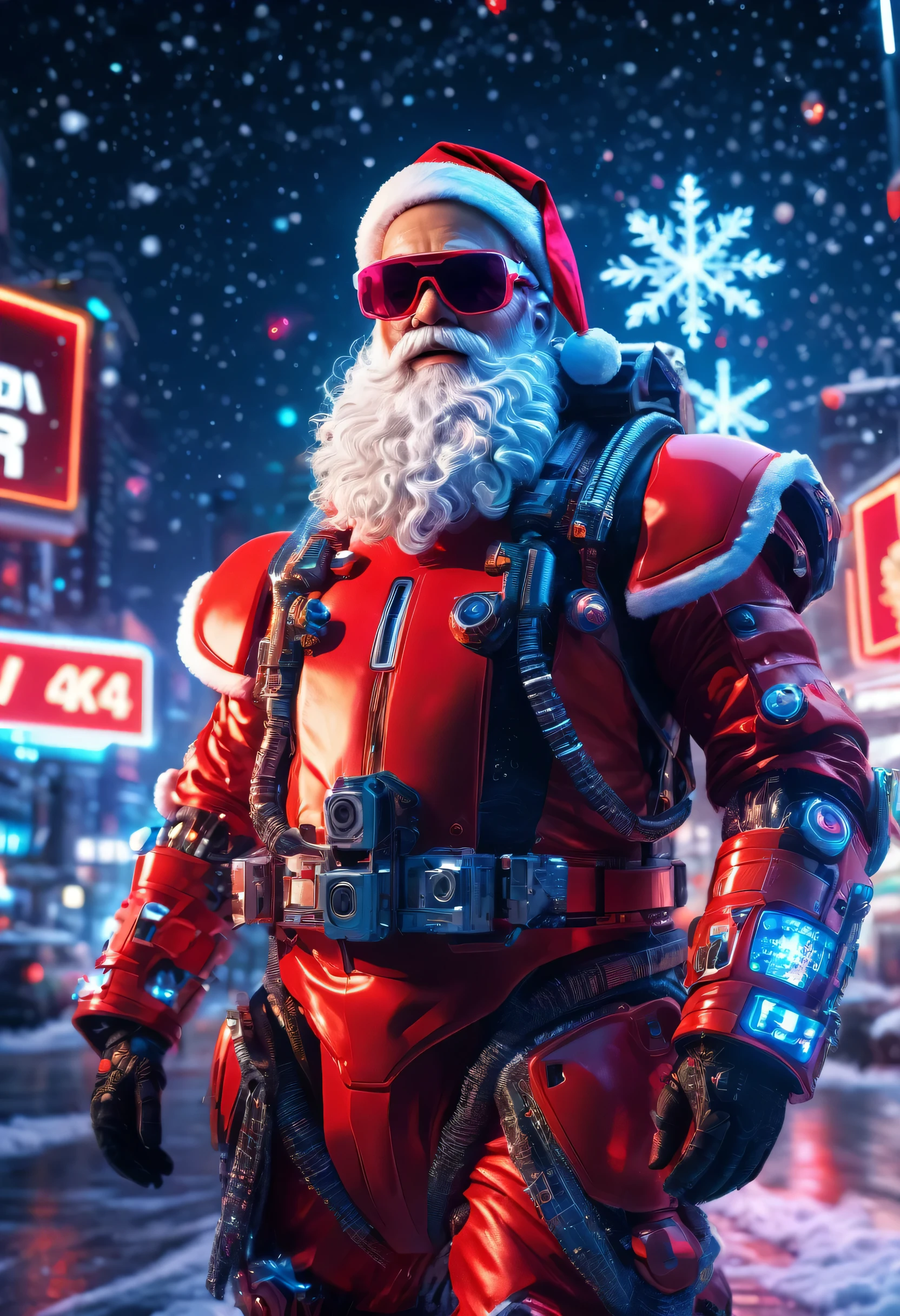 cybernetic Santa Claus, robotic arms with intricate details, futuristic exoskeleton suit, glowing red sunglasses, wear Christmas hat,metallic beard and hair, neon lights illuminating the night sky, pixelated snowflakes falling, ultra-detailed, highres, HDR, physically-based rendering, sci-fi, vibrant colors, futuristic lighting,(best quality,4k,8k,highres,masterpiece:1.2),ultra-detailed,(realistic,photorealistic,photo-realistic:1.37).