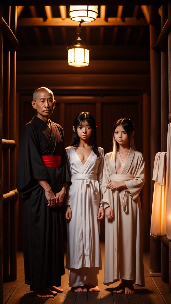 Three Japanese elderly male monks in robes looking and observing 10 year old girl, long straight black hair, little princess face, innocent,tender, ta totally naked without clothes ,erect nipples,big breasts, Thin waist, Long and shapely legs, bracelets on the wrists, dungeon illuminated with burning torches, ultra detailed, 8K quality