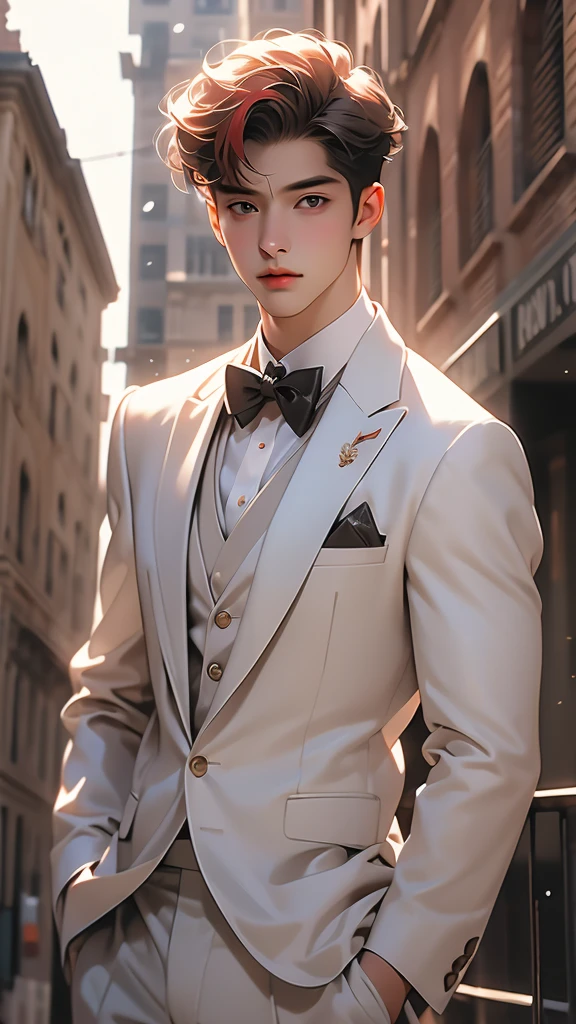 a young man in elegant looking costume posing as a model outside a building, 1boy, male focus, solo, red hair, bow, formal, bowtie, realistic, suit
