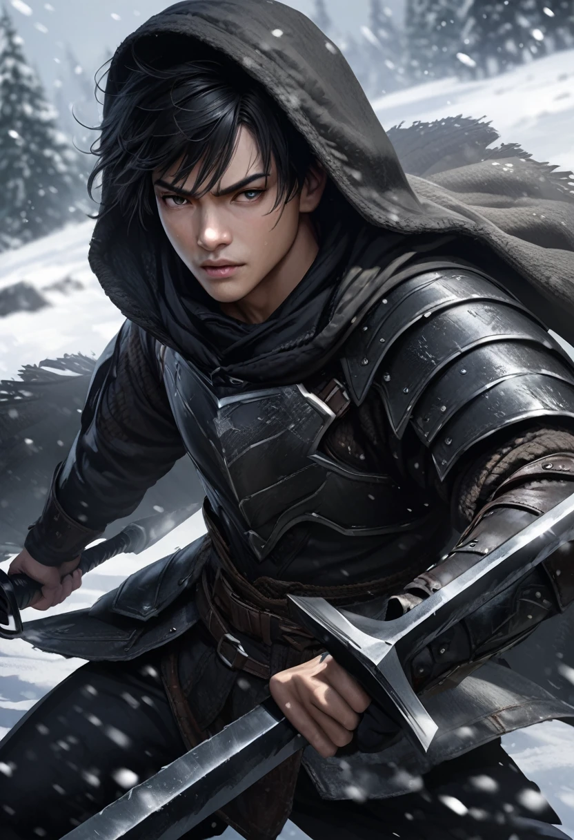black haired anime boy with hood and armor wielding a pitch black sword in the snow, hd, 4k, realistic