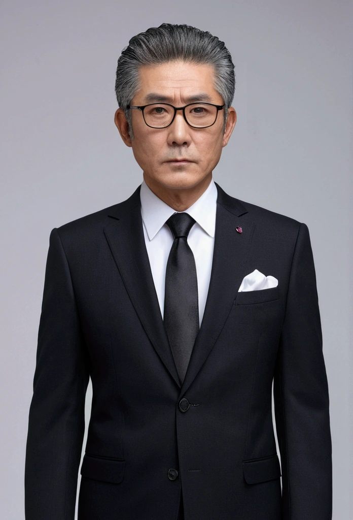 ((8K, Best quality at best, tmasterpiece)), One in a suit、Man in tie, japanes, 60 years old is super young, silver glasses, The face is a little fat, Clean face, no beard on chin, black super short hair,
serious lecture, The body and head are straight in the photo, DSRL, facing the viewer of the photo, The eyes are fixed on the lens, , Put people at the center of your photos, actual, Photorealistic photos, film photo, hyper realisitc, 1人, Detailed pubic hair, perfect litthing, DSRL, profesional photo, 4K, full body
