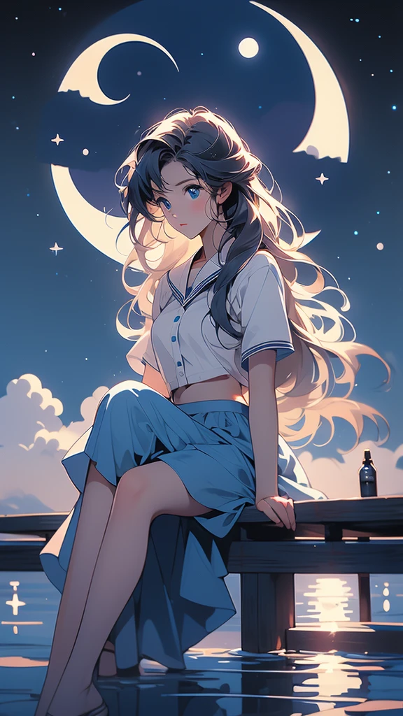 the crescent and girl is sitting under the moon on a lake, 1girl, solo, sky, skirt, , crescent moon, sitting, moon, long hair, star (sky), serafuku, water, blue skirt, cloud, blue eyes