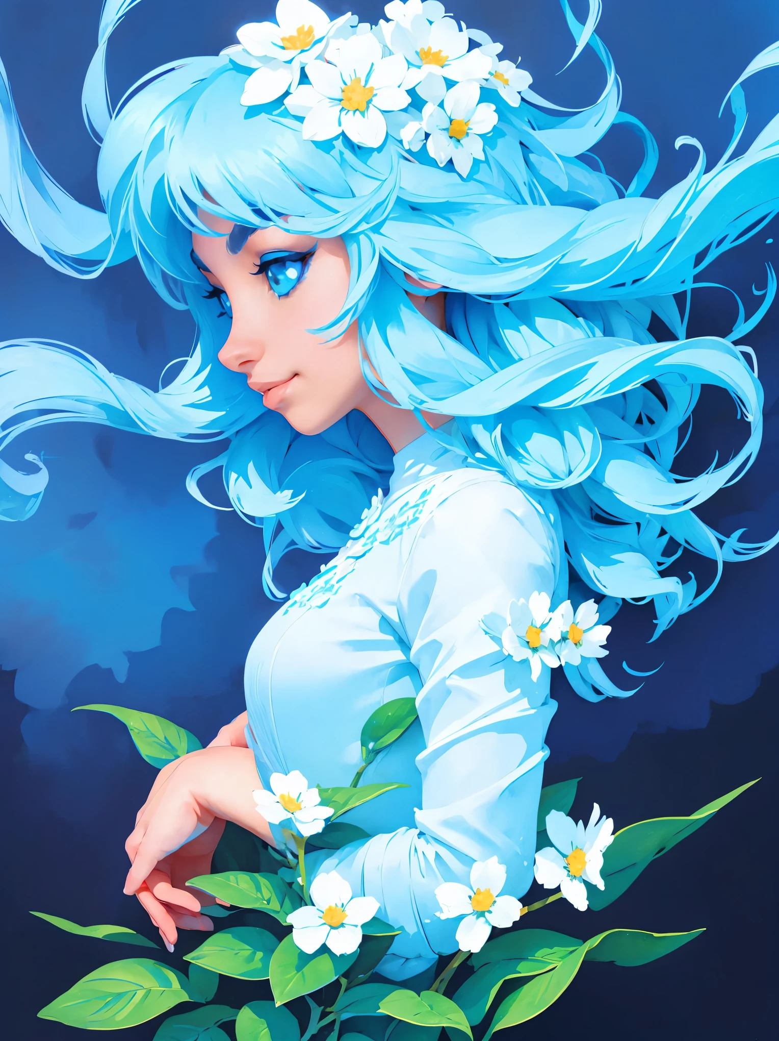 (absurdres, highres, ultra detailed, UHD, cinematic), solo, 1girl, mature, happy, girl standing in light blue flower field, light blue flower petal surrounding girl, full body, blue long hair girl, light blue hair, fantasy, dreamy, snowy, official art, pop art, profile, ultra detailed face, ultra detailed eyes, light blue flower field, ultra detailed field, white blue sky, cold, light blue, white, nebula in the sky, blue tree, watercolor, pastel color