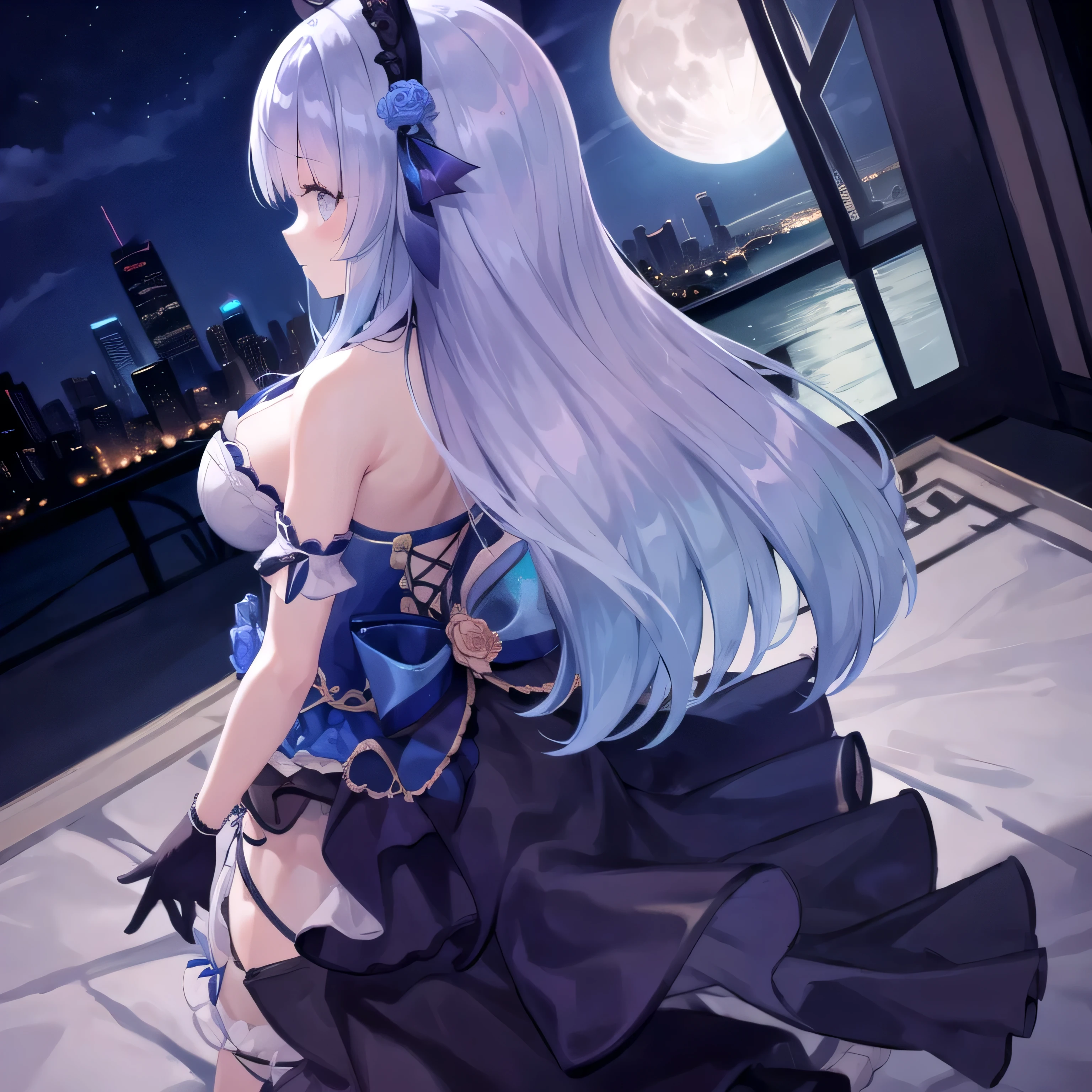 1girl, long hair, full body, cityscape, night, night sky, moon, neon city, looking at viewers, from back, smile, blush
