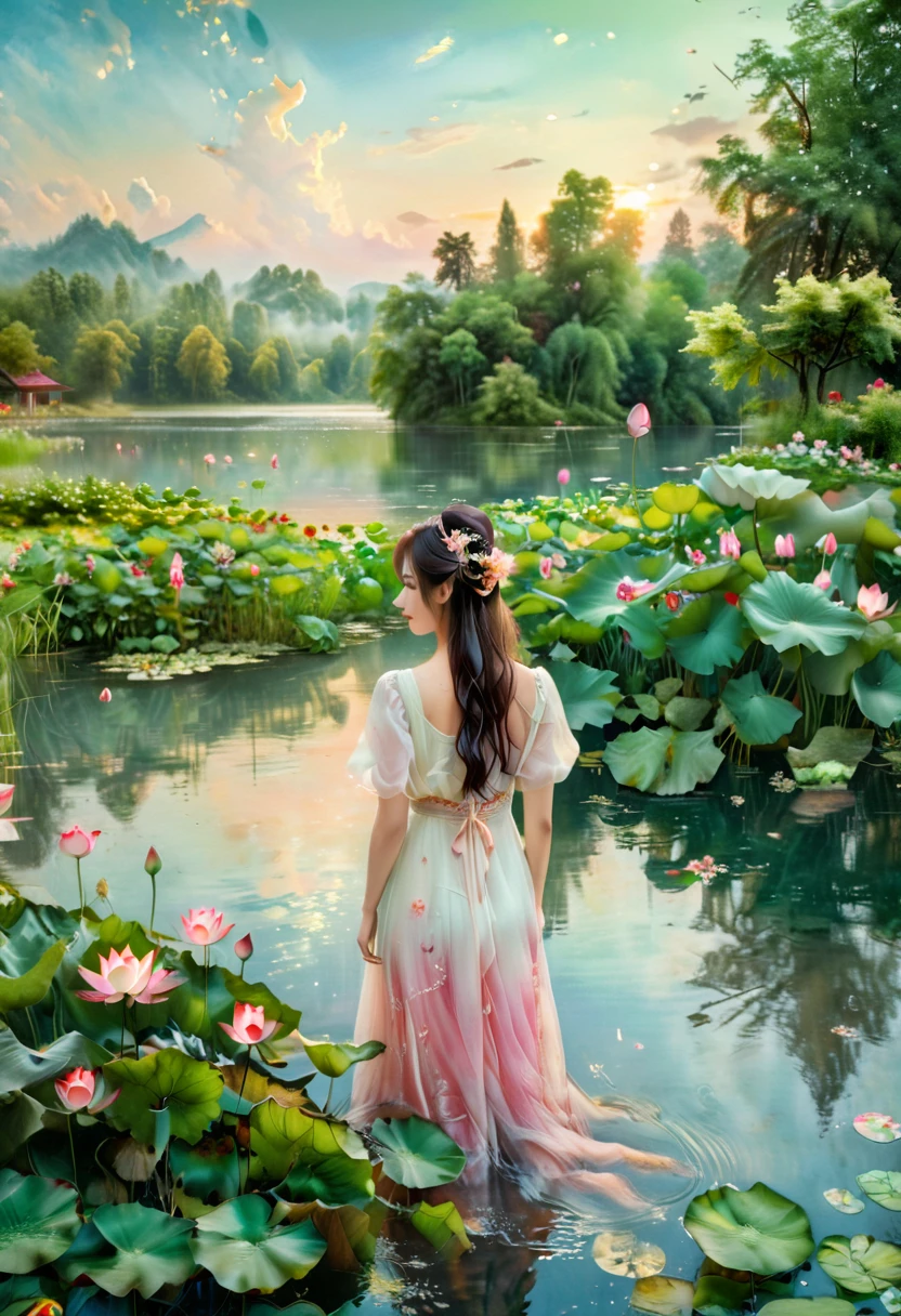 Colored pencils，fairy tales，Hand-painted feel，exquisite，A girl in a white dress stands in the water，（The head is replaced by an old-fashioned TV set covered with flowers：1.2），The background is the natural landscape of the lake，Including lotus flowers in the water and trees in the distance，The overall tone is warm，Dominated by pink and green，营造出一种dream般的复古氛围。There are also some wires and unplugged wires in the picture.，Adds a touch of modern and natural feeling，dream，montage