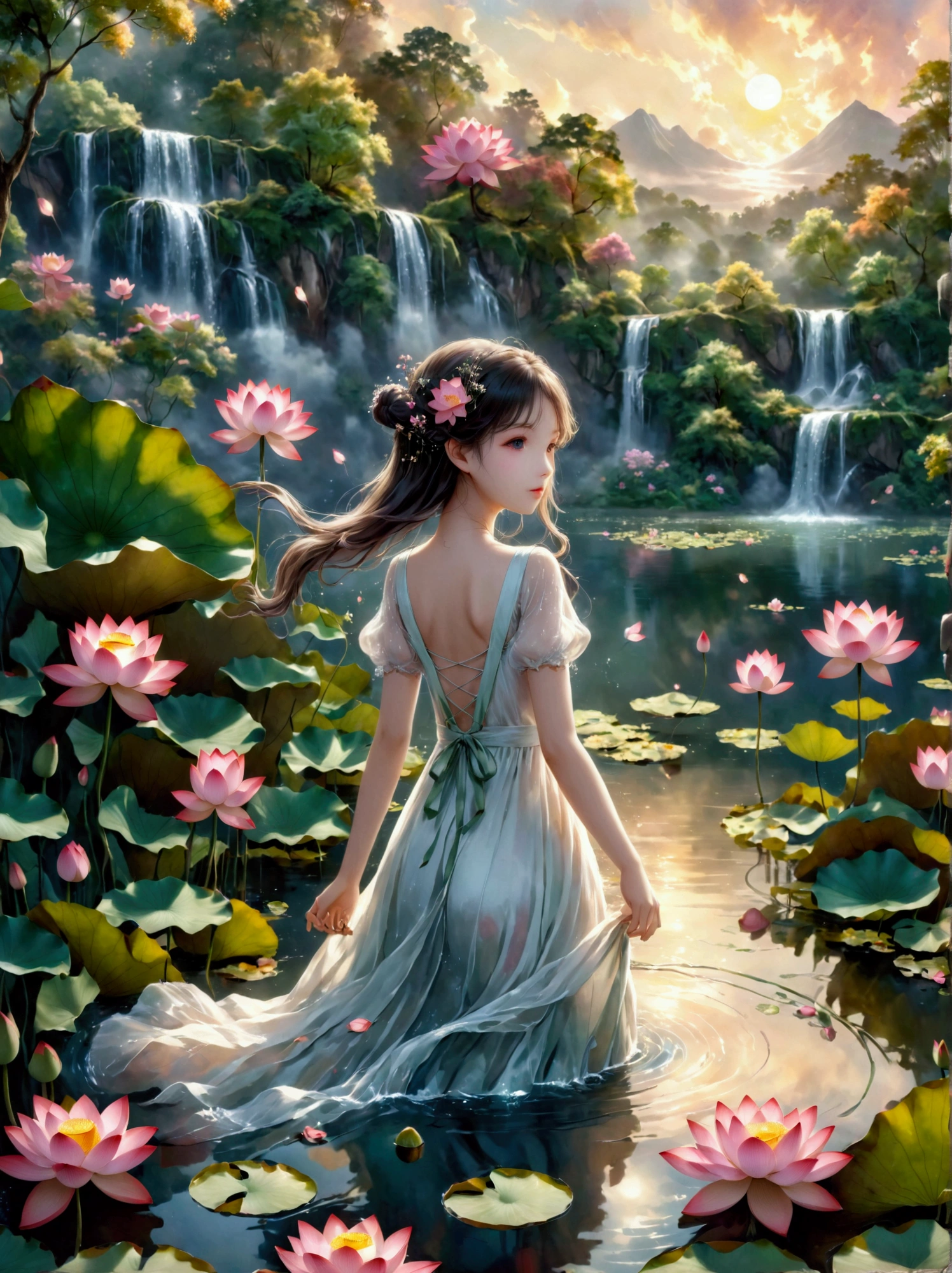 Colored pencils，fairy tales，Hand-painted feel，exquisite，A girl in a white dress stands in the water，（The head is replaced by an old-fashioned TV set covered with flowers：1.2），The background is the natural landscape of the lake，Including lotus flowers in the water and trees in the distance，The overall tone is warm，Dominated by pink and green，营造出一种dream般的复古氛围。There are also some wires and unplugged wires in the picture.，Adds a touch of modern and natural feeling，dream，montage