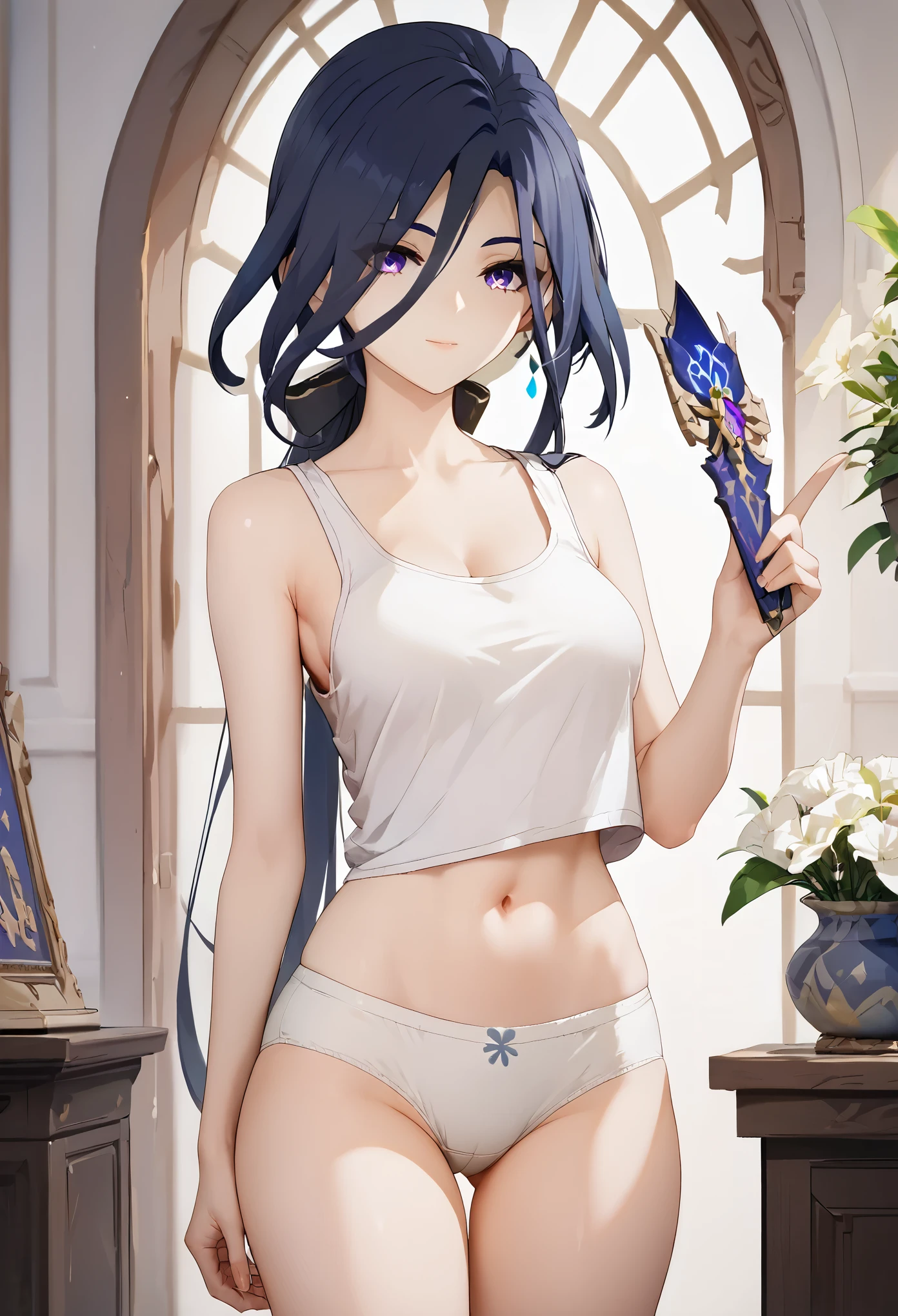 score_9, score_8_up, score_7_up,source_anime, high res image,masterpiece,best quality,girl,cute face,clear skin,clorinde_genshin,panties,tanktop,