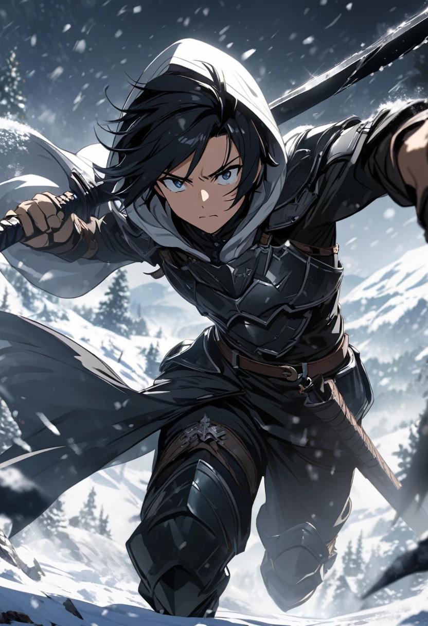 black haired anime boy with hood and armor wielding a pitch black sword in the snow, hd, 4k,
