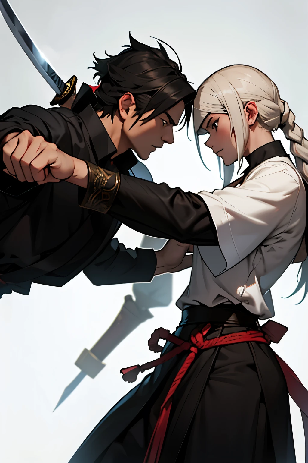 Tai also has to learn how to use a sword from Eliza. She teaches him fighting techniques and self-defense. Tai found that mastering these two aspects was not easy.,man and woman fighting