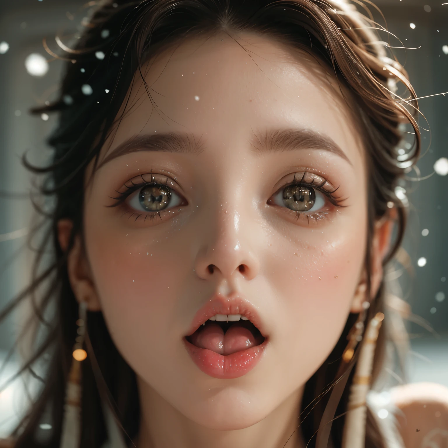 ExtremelyDetailed Kawaii girl Face,(Close-up big lips), glossy lips with beautiful details, Coquettish tongue, Kissing to camera, towards the viewer, 8K TopQuality masterpiece,an extremely delicate and beautiful (ProfessionalPhoto:1.37), Amazing,finely detail,official art,incredibly absurdres,ultra-detailed,close-up shot, close up, (fish eye lens), wide lens, macro lens, Detailed brilliant Eyes ElaboratePupils with (sparkling highlights:1.28) (Delicate Voluminous LongEyelashes:0.88), (offshoulder cum on tongue) snow particles

