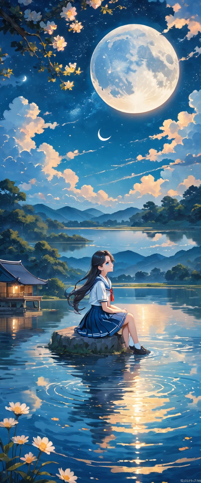 the crescent and girl is sitting under the moon on a lake, 1girl, solo, sky, skirt, , crescent moon, sitting, moon, long hair, star (sky), serafuku, water, blue skirt, cloud, blue eyes