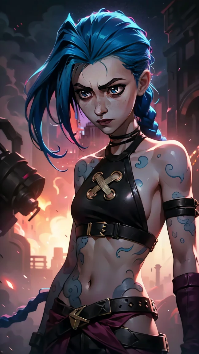 (masterpiece, Best quality), 1 girl, portrait very detailed face, very sexy, full length (full body 1.1.), crazy look, smile, pink tears, (tears on the cheeks, tears from eyes,) feminine, neon lettering, explosions, darkness, beautiful waist, gloomy composition, very beautiful, long hair, hair braided in long braids, very sexy, tight leather pants, emphasis on the eyes, emphasis on the face, hands, Косаed ponytail, glowing pink eyes, Jinx is crying, Blue cloud tattoo, (masterpiece, Best quality), Side lighting, beautiful detailed eyes, crazy face), (Best quality), (masterpiece), magic photography, Spectacular lighting, photorealism, ultra detailed, intimate portrait composition, 1. 4,8 K UHD, aesthetic, CD., a high resolution, 8 K, Better lighting, Best shade, Ultra-HD, a high resolution, Sharp Focus, complex background, cinematic lighting, ((Landscape view)), 4K block, (Better lighting), ((cinematic lighting)),