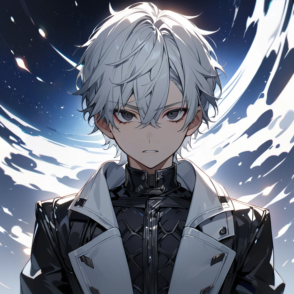 High quality, HD, 4k, no shadows, handsome male, 1male, 17 years old, teenager, short white hair, sharp eyes, black colored eyes, deep black eyes, black eyes, devil may cry, close up, calm expression, stoic expression, black leather clothes, white leather clothing, lean body, well trained body, upper body, looking at viewer, cowboy shot, white solar, space background