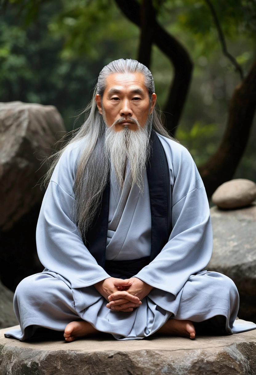 30-year-old Asian middle-aged Taoist elder sitting on stone close-up,Long whit hair，long beard，Cross-legged meditation，Daoism, Wearing a gray robe，magic aura，Master of Taoism,Taoist，at centre，Face the lens，Very bright colors, light Particle, with light glowing, Mushiv, Wallpaper Art, UHD Wallpapers