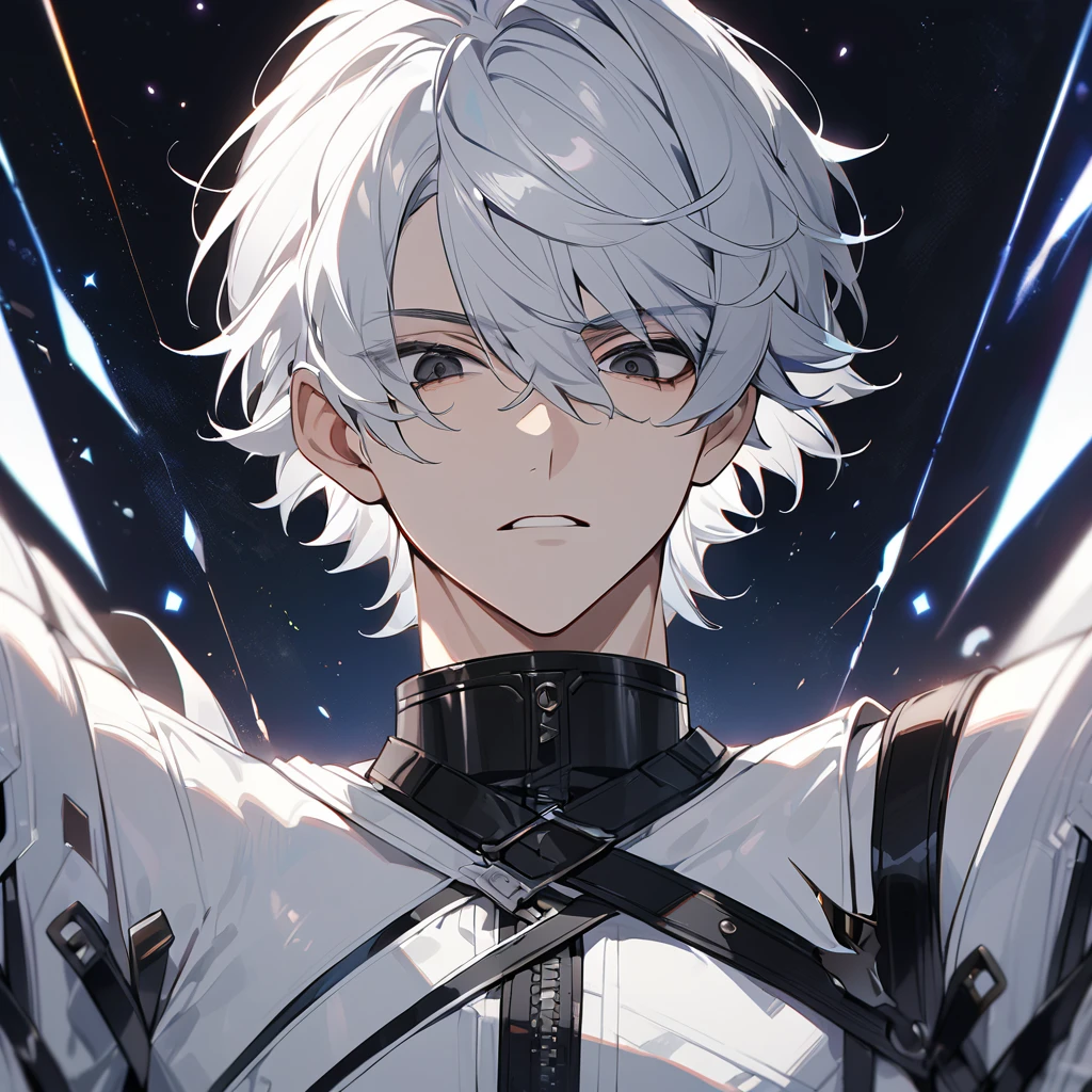 High quality, HD, 4k, no shadows, handsome male, 1male, 17 years old, teenager, short white hair, sharp eyes, black colored eyes, deep black eyes, black eyes, devil may cry, close up, calm expression, stoic expression, black leather clothes, white leather clothing, lean body, well trained body, upper body, looking at viewer, cowboy shot, white solar, space background