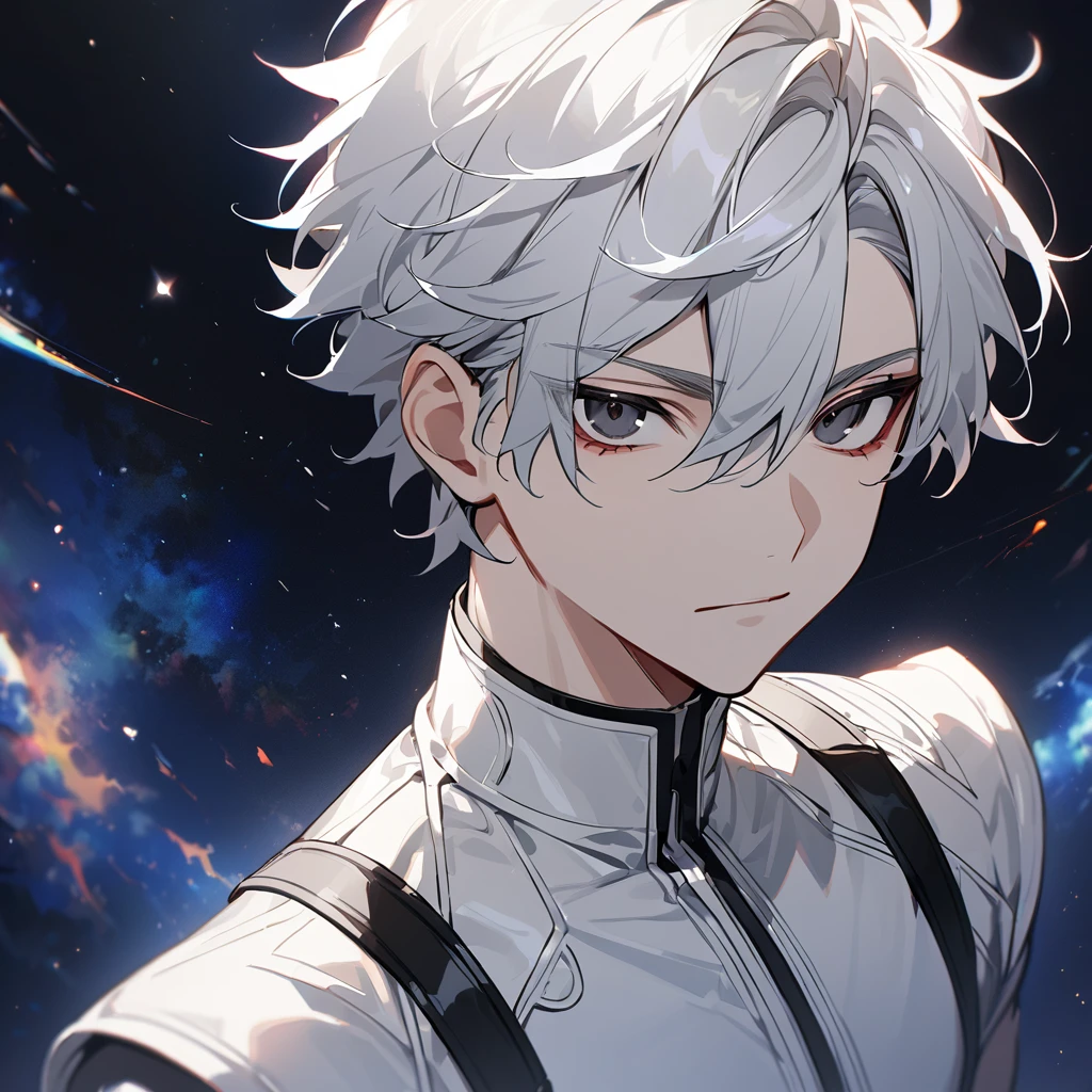 High quality, HD, 4k, no shadows, handsome male, 1male, 17 years old, teenager, short white hair, sharp eyes, black colored eyes, deep black eyes, black eyes, devil may cry, close up, calm expression, stoic expression, black leather clothes, white leather clothing, lean body, well trained body, upper body, looking at viewer, cowboy shot, white solar, space background