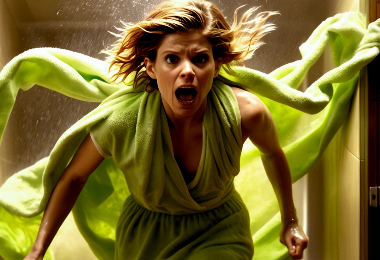 Kate Mara, age 25, dressed in a bath towel, is fleeing from her bathroom which is filling with translucent slime, movie monster Freddy Kreuger