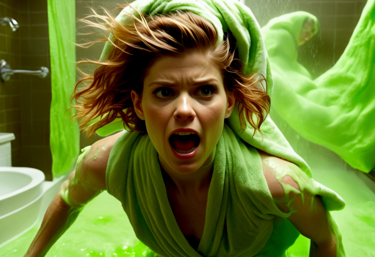 Kate Mara, age 25, dressed in a bath towel, is fleeing from her bathroom which is filling with translucent slime, movie monster Freddy Kreuger