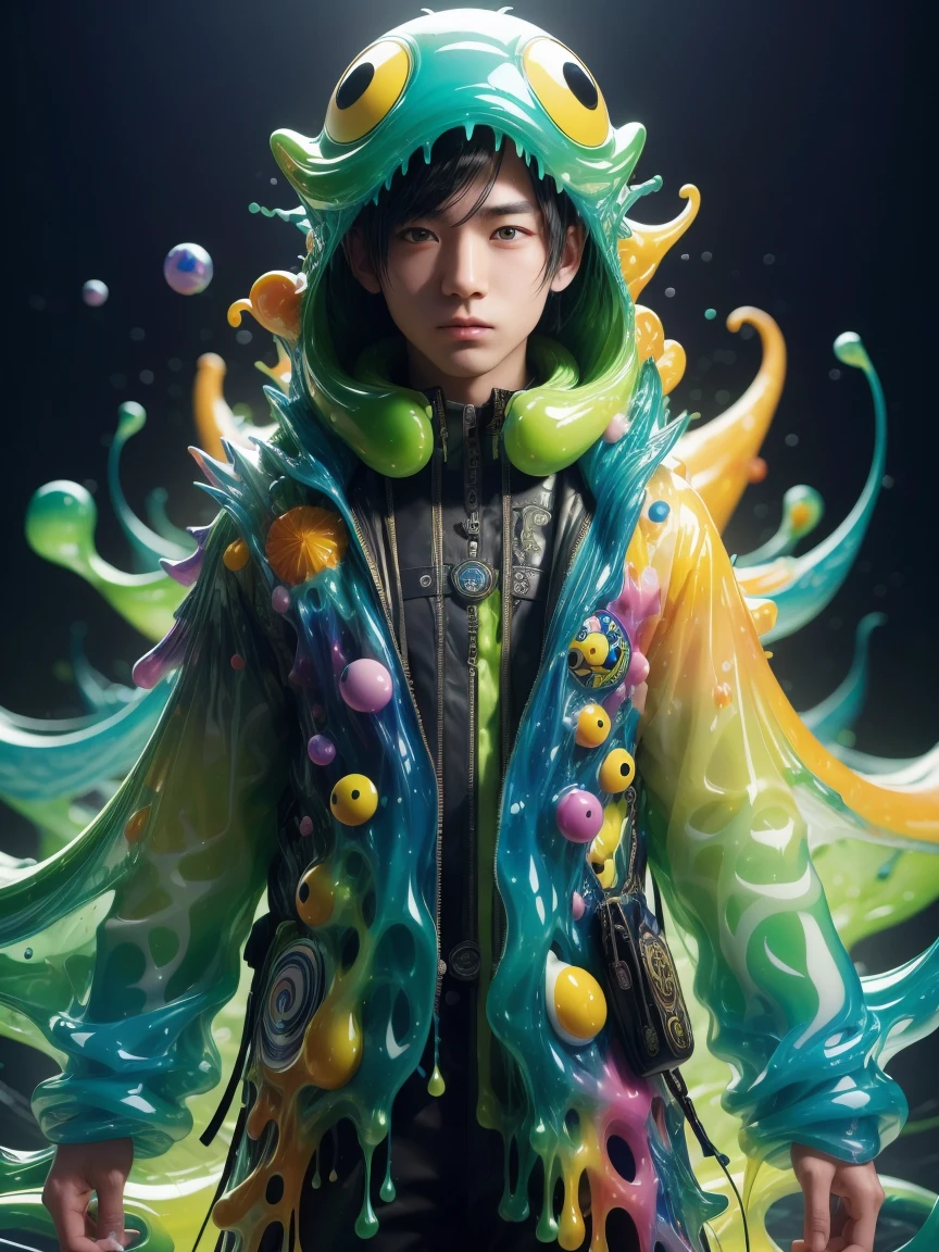 (high quality), (masterpiece), (detailed), 8K, Hyper-realistic illustration depicts (Japanese boy1.3) with striking features, dressed in vibrant (slime attire1.2) that appears to ooze and writhe around his upper body, in style of Takashi Murakami, trending on Artstation.