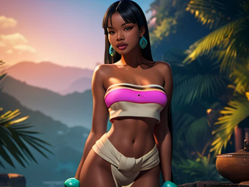 Chel, Beautiful girl with black hair, brown eyes and slender body with slim waist and wide hips, big and shapely legs., posing in lingerie and doing good fanservice ,extraordinary beauty, pre colonia,  exotica en HD rendering full body display 1.2 , perfect detailed 12k landscape photography 