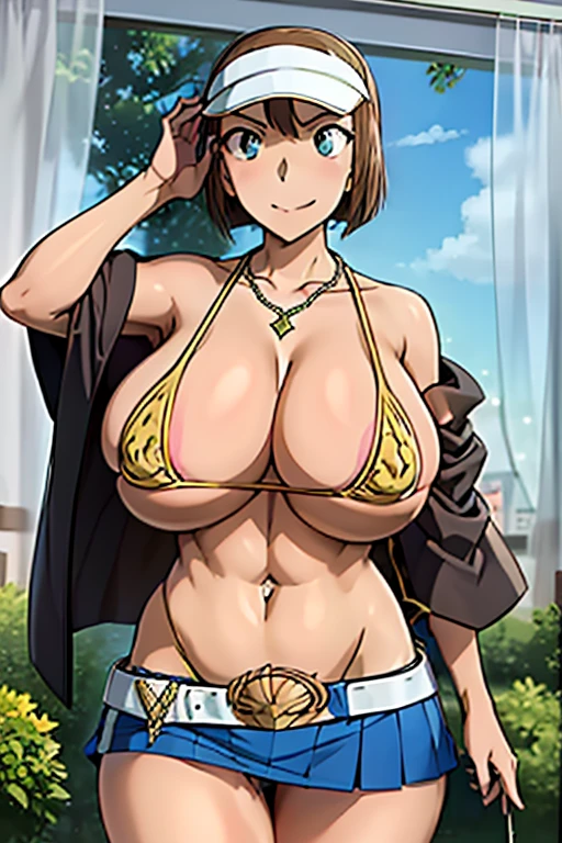 (((Actual Photos,High resolution, 8kHighest quality))),Very detailedな CG Unity 8k 壁紙, Highest quality, Very detailed, Tabletop, Realistic,Very detailedなMature Woman,Mature Woman, ((Huge breasts))Big cleavage ,Big Ass,Big Ass,Thick thighs,Saggy breasts,Narrow waist,Wide Hips,(((Off-the-shoulder bikini top:1.2)))、 (Apron Golf Mini Skirt) , (Wearing golf gloves),Wear a sun visor, Beautiful Eyes, ((The shape of the nipples is visible even through clothing))、Realistic female hands、audience, blush,A light smile, Lips parted, cowboy shot、 Tight golf wear、With your tongue firmly up、Muchimuchi Body,Hard nipples,Nipples are visible,(((ボタンが閉まらないほどHuge breasts)))、Thick thighs、(One Woman)、Tight mini skirt,(((Off-the-shoulder bikini top)))、Big Breasts、Long legs,Knee-high boots、(((Random Pause)))、Golf course、(Full body photo),Golf Tournament、Vulgar female professional golfer, blonde、(((Gold Necklace:1.4)))、(((Gold bejeweled stone gal belt:1.4))),
