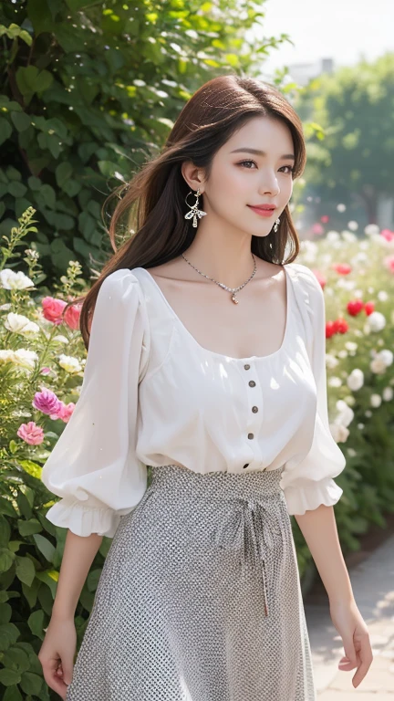 (Highest quality、 8k 、masterpiece、High resolution)、Young lovely woman、Ample breasts、Smooth and unnoticeable collarbone、Slender beauty、(Brown hair medium、My hair is blowing in the wind、Flows backwards)、Full Body Shot、 (Beautiful Face,Beautiful Eyes,Beautiful nose,Pretty lips)、(Stephanie hoove earrings、silver heart necklace)、((Black tops、White and monochrome dot long skirt(Ankle length))、Her mouth opens slightly and a smile appears.、Dynamic pose、Outdoor、(A Western-style garden filled with blooming flowers)、A red brick building is visible、Colorful flowers、Vibrant colors、looking at the camera、Professional Lighting、Professional photographer、Detailed CG、