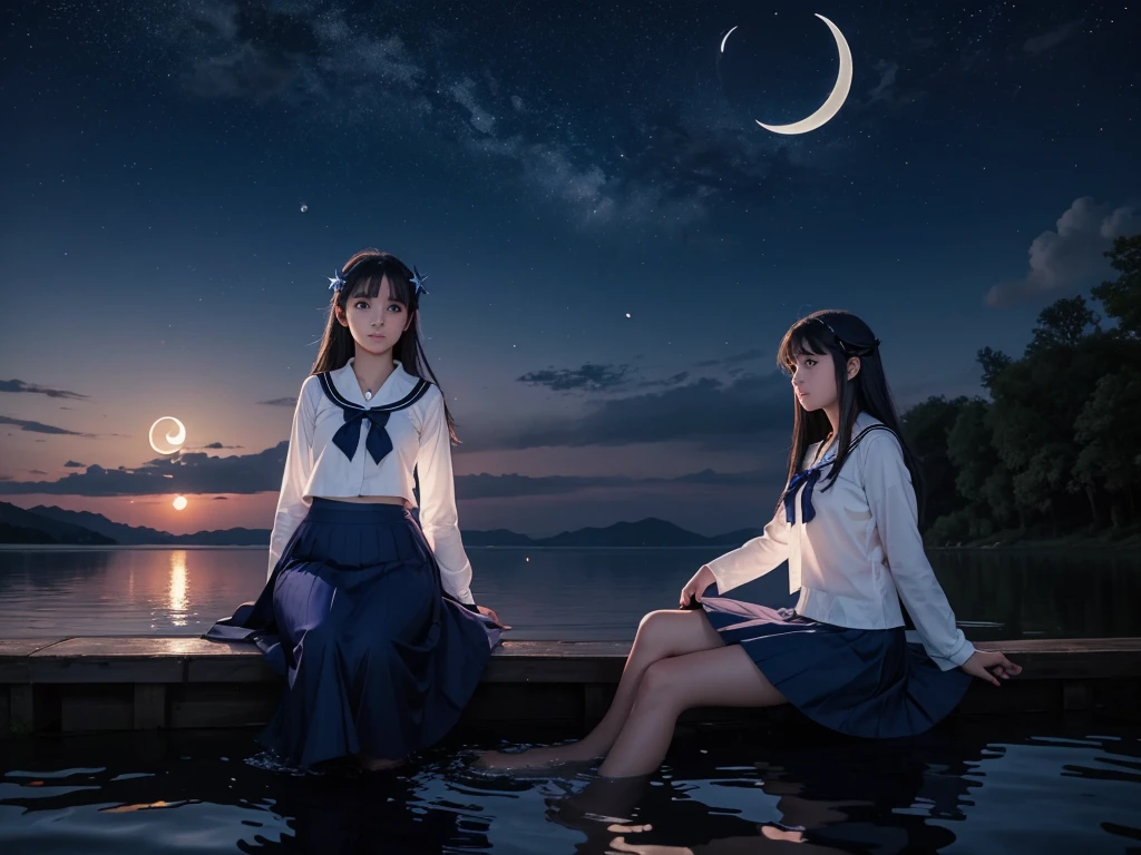 the crescent and girl is sitting under the moon on a lake, 1girl, solo, sky, skirt, , crescent moon, sitting, moon, long hair, star (sky), serafuku, water, blue skirt, cloud, blue eyes