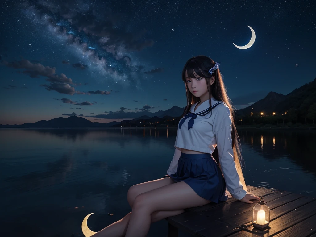 the crescent and girl is sitting under the moon on a lake, 1girl, solo, sky, skirt, , crescent moon, sitting, moon, long hair, star (sky), serafuku, water, blue skirt, cloud, blue eyes