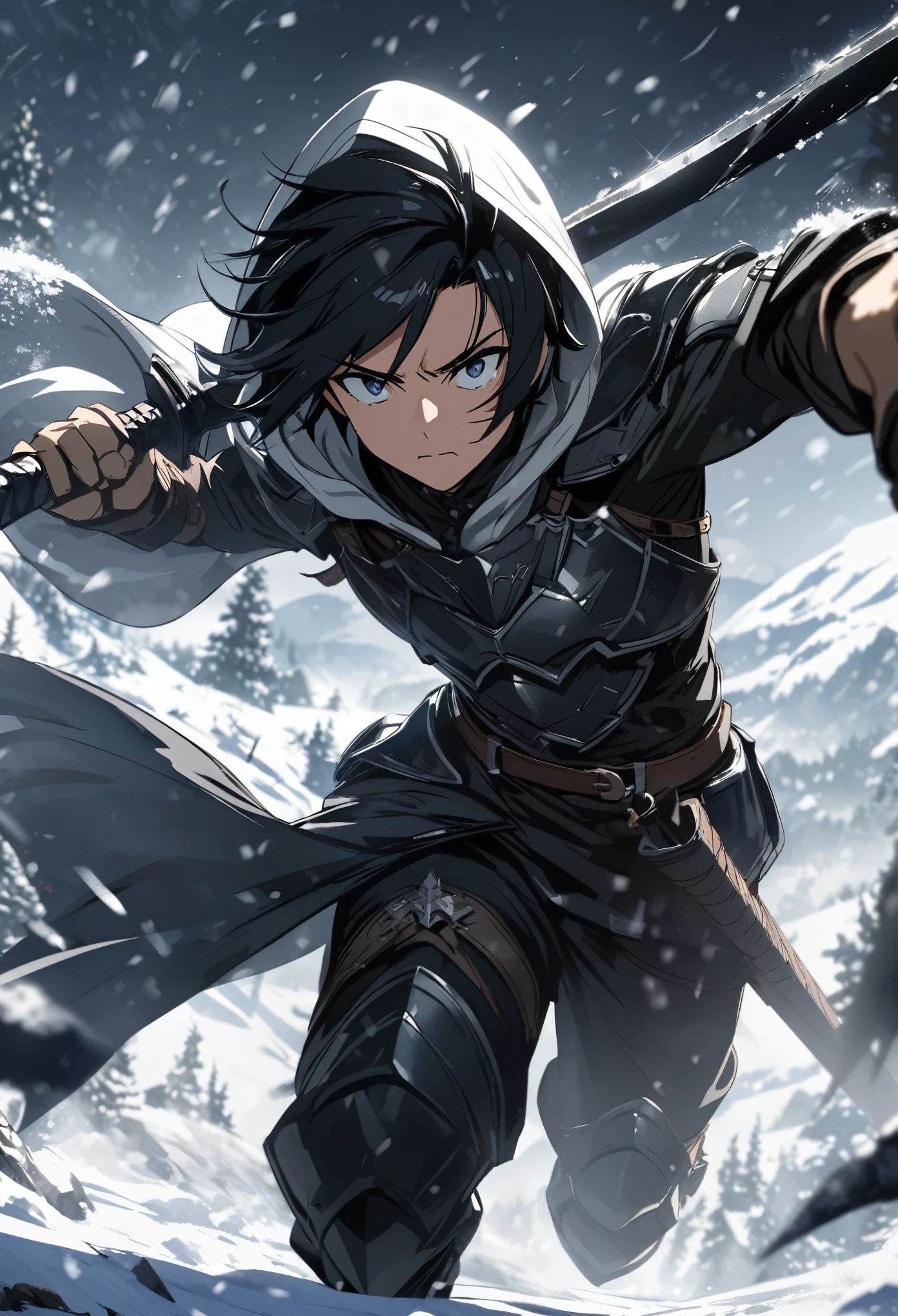 black haired anime boy with hood and armor wielding a pitch black sword in the snow, hd, 4k,