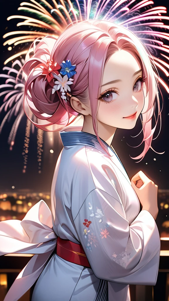 A beautiful and divine woman wearing a clean and refreshing white and pink yukata.々A beautiful woman.々Beautiful Goddess, Rainbow Hair,Medium long hairstyle,Beautiful attention to detail, Beautiful lip detail, Highly detailed face, Long eyelashes, Friendly and polite expressions, red, Round crystals in both hands, The perfect uniform, High quality lighting, Realistic, 8k, Highest quality, masterpiece, Professional, Studio Lighting,The background is a fireworks display,Fully facing backwards