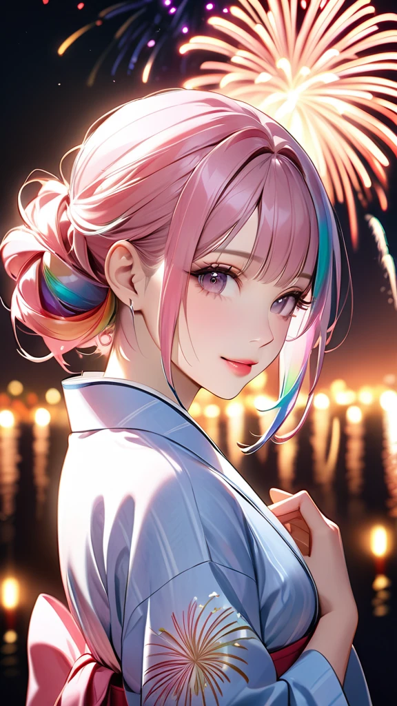 A beautiful and divine woman wearing a clean and refreshing white and pink yukata.々A beautiful woman.々Beautiful Goddess, Rainbow Hair,Medium long hairstyle,Beautiful attention to detail, Beautiful lip detail, Highly detailed face, Long eyelashes, Friendly and polite expressions, red, Round crystals in both hands, The perfect uniform, High quality lighting, Realistic, 8k, Highest quality, masterpiece, Professional, Studio Lighting,The background is a fireworks display,Fully facing backwards