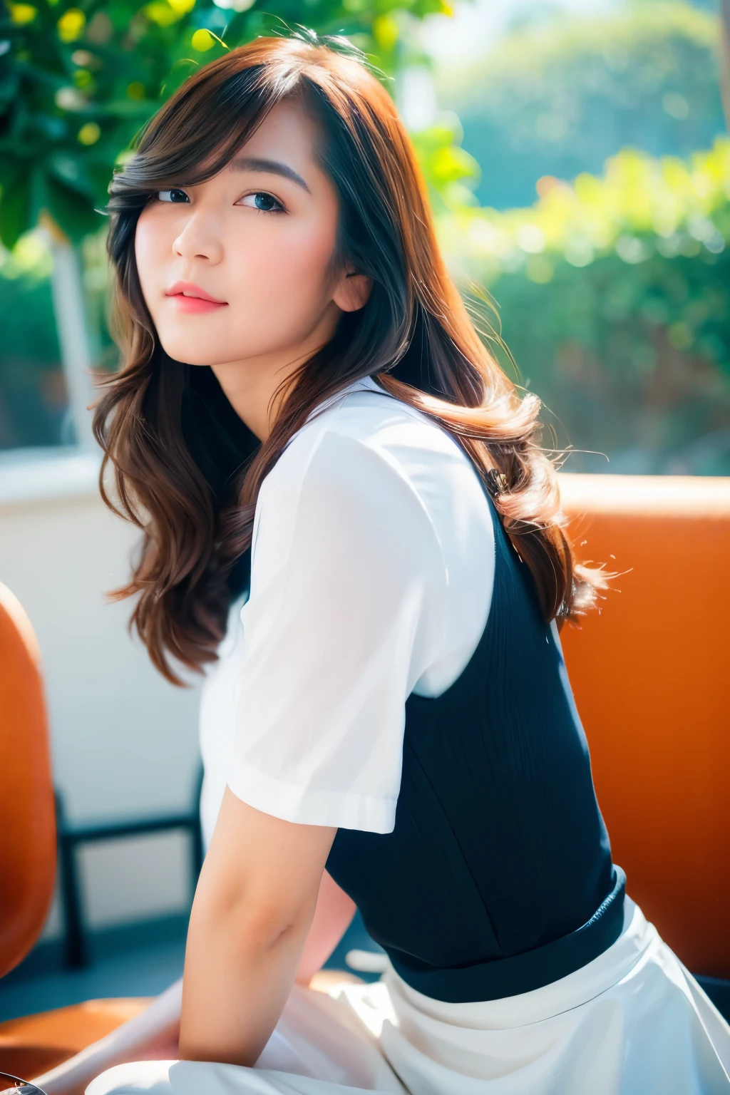 sitting on sofa, pov from beside her, (white office shirt, black short skirt), black tie, looking at camera, front view, long hair, bangs, (detailed face), at livingroom, potrait body, mouth closed, smiling, black eyes, 1 girl, 20yo,Young female,Beautiful Finger,Beautiful long legs,Beautiful body, Beautiful Nose,Beautiful character design, perfect eyes, perfect face,expressive eyes,perfect balance, (looking at viewer), official art,extremely detailed CG unity 8k wallpaper, perfect lighting,Colorful, Bright_Front_face_Lighting,White skin, (masterpiece:1.0),(best_quality:1.0), ultra high res,4K,ultra-detailed, photography, 8K, HDR, highres, absurdres:1.2, Kodak portra 400, film grain, bokeh:1.2, lens flare, (vibrant_color:1.2),professional photograph, (Beautiful,huge_Breasts:1.4), (beautiful_face:1.5),(narrow_waist)