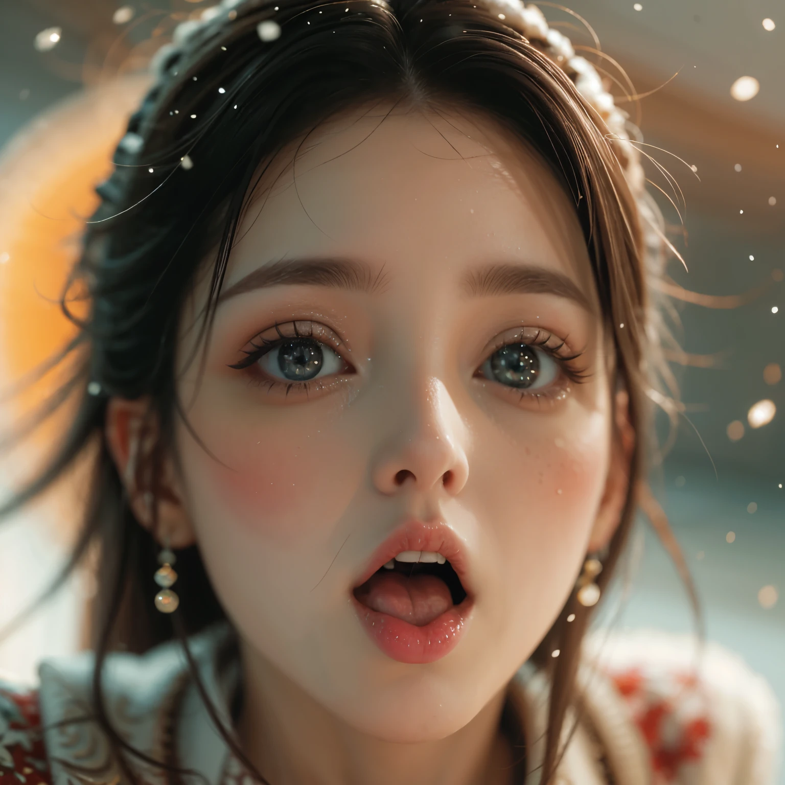 ExtremelyDetailed Kawaii girl Face,(Close-up big lips), glossy lips with beautiful details, Coquettish tongue, Kissing to camera, towards the viewer, 8K TopQuality masterpiece,an extremely delicate and beautiful (ProfessionalPhoto:1.37), Amazing,finely detail,official art,incredibly absurdres,ultra-detailed,close-up shot, close up, (fish eye lens), wide lens, macro lens, Detailed brilliant Eyes ElaboratePupils with (sparkling highlights:1.28) (Delicate Voluminous LongEyelashes:0.88), (offshoulder cum on tongue) snow particles