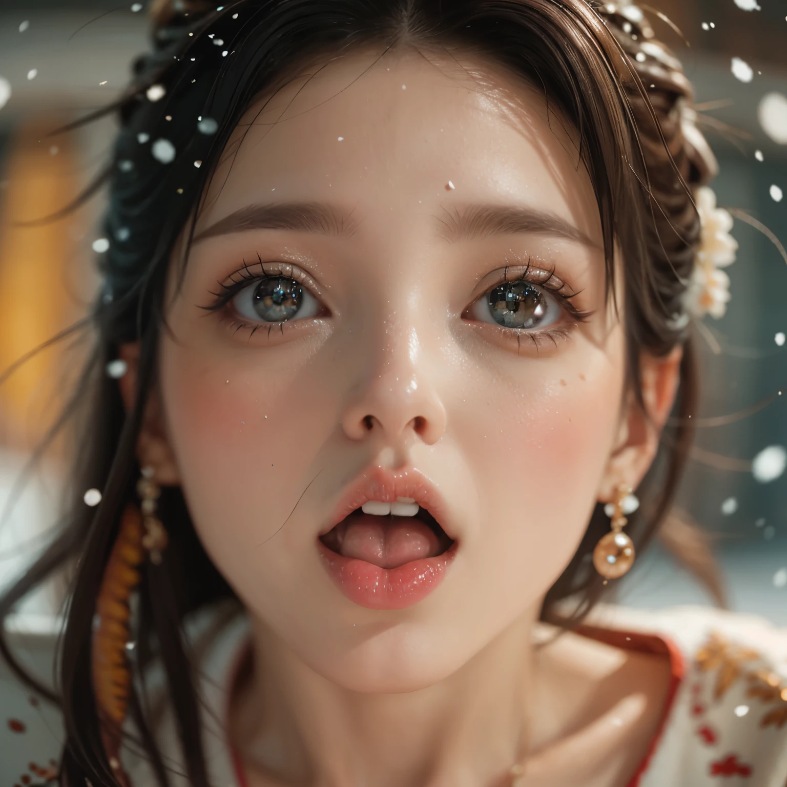 ExtremelyDetailed Kawaii girl Face,(Close-up big lips), glossy lips with beautiful details, uettish tongue, Kissing to camera, towards the viewer, 8K TopQuality masterpiece,an extremely delicate and beautiful (ProfessionalPhoto:1.37), Amazing,finely detail,official art,incredibly absurdres,ultra-detailed,close-up shot, close up, (fish eye lens), wide lens, macro lens, Detailed brilliant Eyes ElaboratePupils with (sparkling highlights:1.28) (Delicate Voluminous LongEyelashes:0.88), (offshoulder cum tongue) snow particles