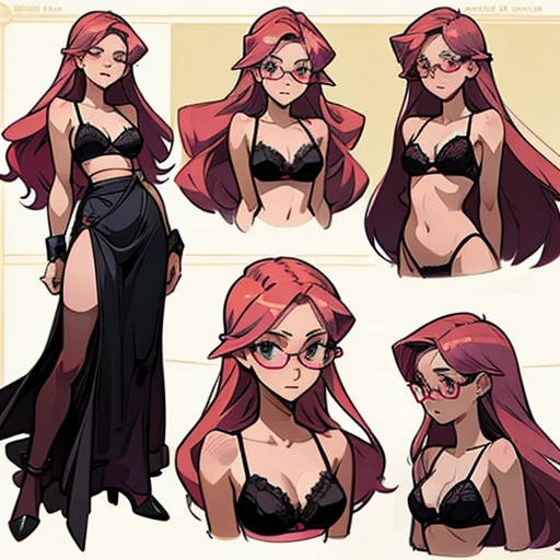 Erotic pink and black Lingerie ((Thong, bra Glasses and accessories))design inspired by miorine rembrant (gundam) With long hair , in various views (front and back) ((Character sheet))