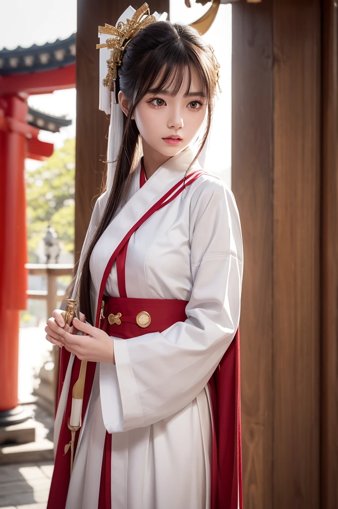 White hunting uniform, red straight lines on white outfit, a shinto shrine maiden, detailed face, detailed eyes, detailed lips, long straight brown hair, gold simple thin hair band, conservative outfit, holding silver scissors, standing in a shrine courtyard, upper body closeup, high quality, digital art, photorealistic, dramatic lighting, cinematic, masterpiece