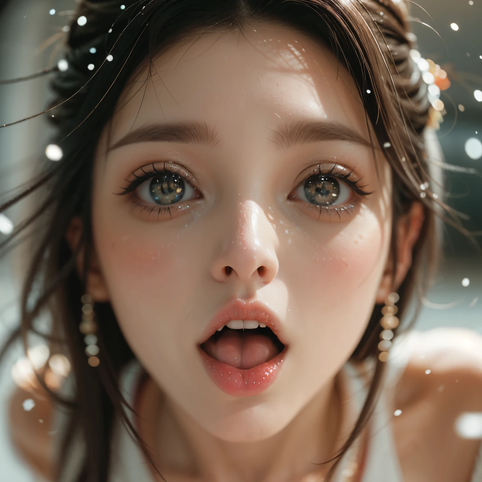 ExtremelyDetailed Kawaii girl Face,(Close-up big lips), glossy lips with beautiful details, Coquettish tongue, Kissing to camera, towards the viewer, 8K TopQuality masterpiece,an extremely delicate and beautiful (ProfessionalPhoto:1.37), Amazing,finely detail,official art,incredibly absurdres,ultra-detailed,close-up shot, close up, (fish eye lens), wide lens, macro lens, Detailed brilliant Eyes ElaboratePupils with (sparkling highlights:1.28) (Delicate Voluminous LongEyelashes:0.88), (offshoulder cum on tongue) snow particles
