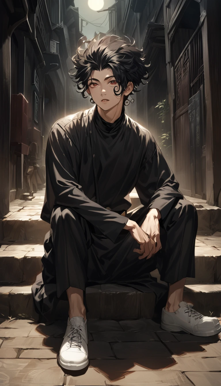 photo of the anime male character named "toge inumaki" in the film "jujutsu kaisen" with short, curly black hair, black jujutsu kaisen shirt with a long collar and black trousers, white shoes, medium sitting semanari. enjoy the moonlight. with a realistic feel.