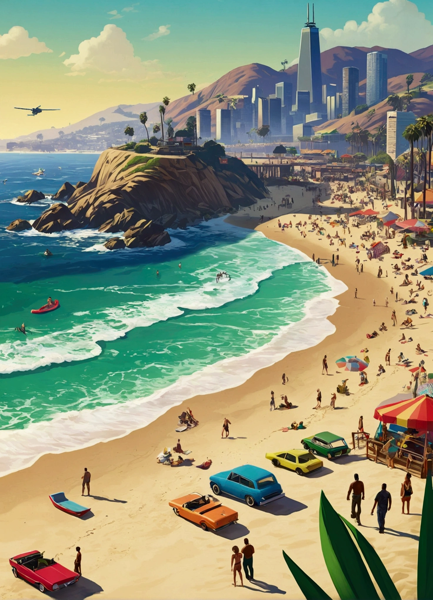 Make a GTAV loading screen showing, people enjoying the GTA V map Beach ot seaside.