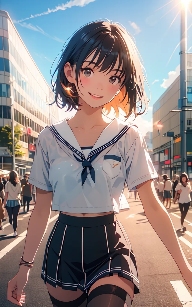 Front facing, facing this way、
A more beautiful smile、
More cute casual summer outfits、Cute mini skirt、
More beautiful thighore beautiful colorful pantyhose、
Beautiful dark clouds, (Cowboy Shot:1.4), Beautiful and realistic,
Beautiful masterpiece, Beautiful and top quality, Beautiful backlight, (Lens flare:1.1), (bloom:1.1), (chromatic aberration:1.1)
Shibuya Center Street High Resolution, masterpiece, Highest quality, Sparkle Effect,
