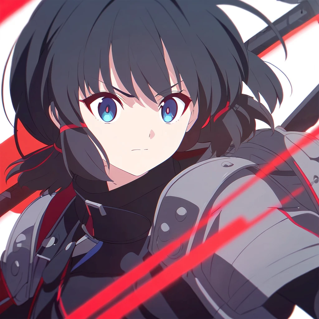 Girl, anime, warrior, short hair with red and blue lines, pretty eyes, black hair, full leather, young, with a fringe in front, with pigtails, warrior clothing, red outlined