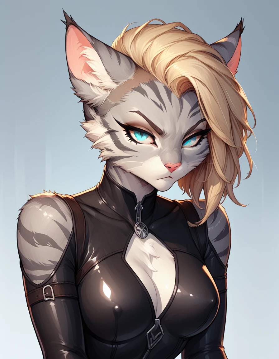 score_9,score_8_up,score_7_up, score_6_up, score_5_up,source_anime, Kat, Anthro furry feline, silver fur, grey stripes on body, blue eyes, furrowed eyebrows, long blonde hair, undercut hair, one side of hair shaved, pink nose, :3, female, wearing latex bodysuit, tight latex body suit, form fitting, seductive pose, serious expression, 