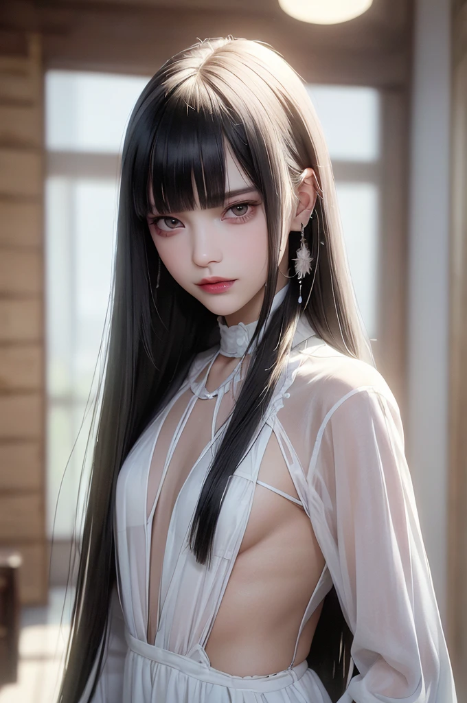 (8k, born, realistic: 1.25), ((striped white hairs)))))), (Thin lip gloss, thin eyebrows, eyelash, tear bag, sharp bangs, shiny face, shiny skin, highest quality, ultra high resolution, Depth of the bounds written, chromatic aberration, caustics, wide lighting, natural shading, K-POPアイドル) Glasses, Calm, Collect a strand of hair with your hand, long hair, smile, Small devil, inside the house