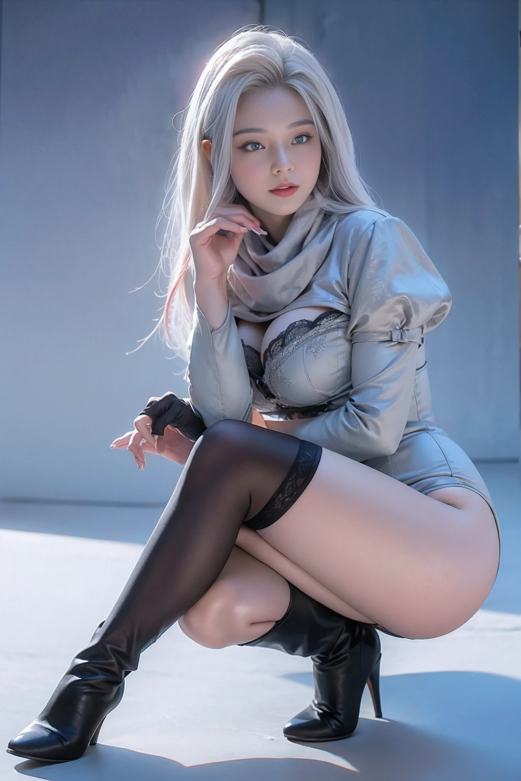 Winters，snow scene，Beautiful teenage girl ，random color,bending down slightly  to show body curve,sexy lingerie ，scarf，depth of field，real light，monster curve, silver shining Stretch long boots with high stiletto heels, Ray tracing，Overclocked renderer，UE5 renderer，surreal，best quality，8k，masterpiece，Super fine，detailed，correct anatomy ，huge breasts,front side view,cameltoe pussy