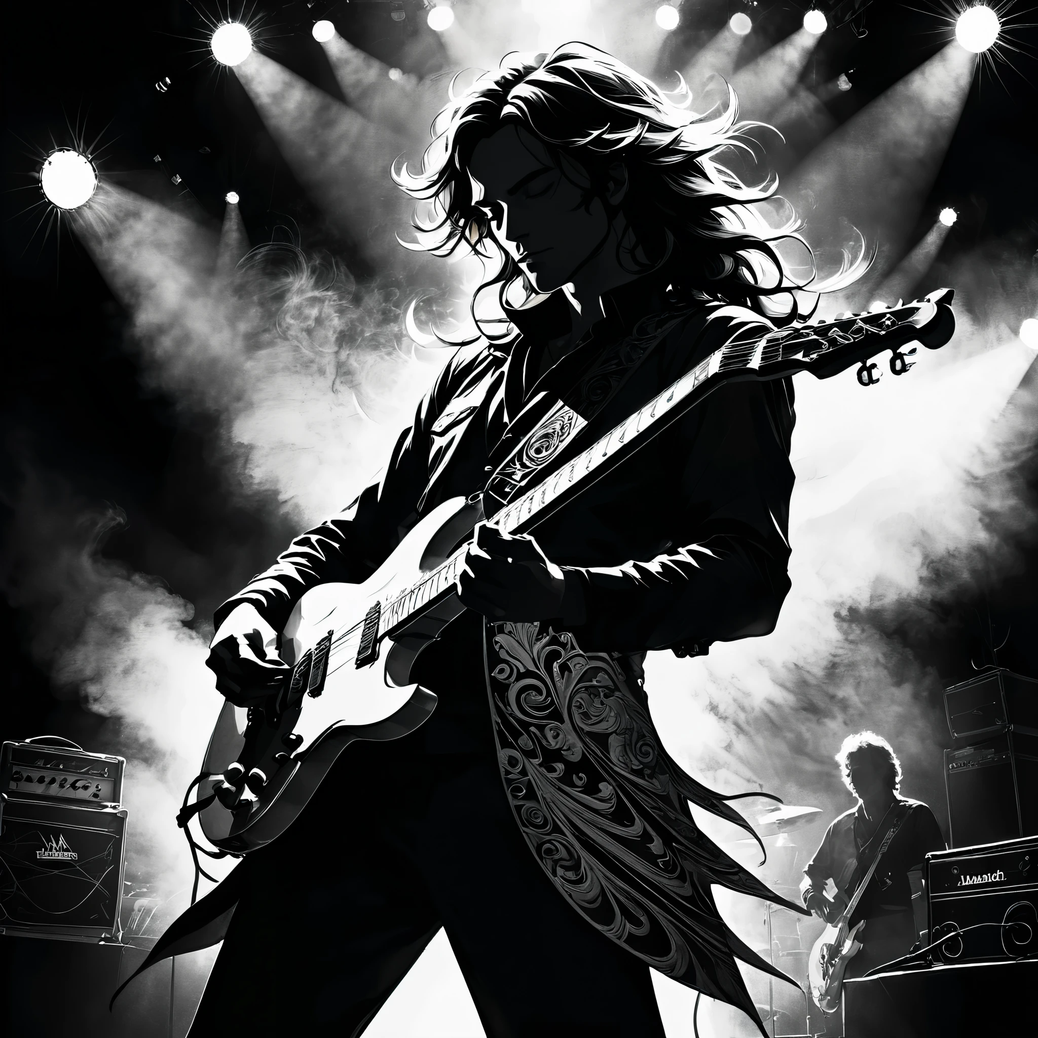 Guitarist illustration, Silhouette of a male guitarist in his 50s, Long Hair, Perm, Backlight by intense lighting behind the stage, On a huge outdoor stage, Very thick brush, horn: 1.5, Dark fantasy, Light and shadow, Black and White, Contrast, Attention to detail, Intricately detailed, Breaksmoke: 1.6, Backlight, Artistic Smoke